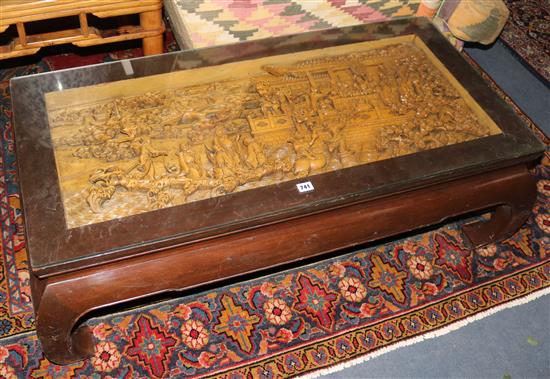 A Chinese hardwood and boxwood coffee table, W.120cm